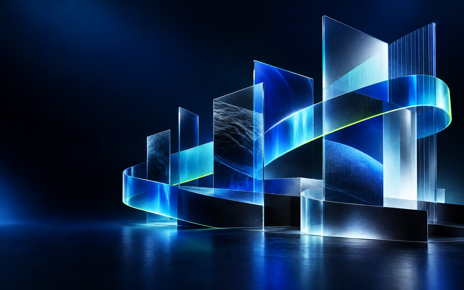 Architectural glass planes and ribbon joined into one coordinated system