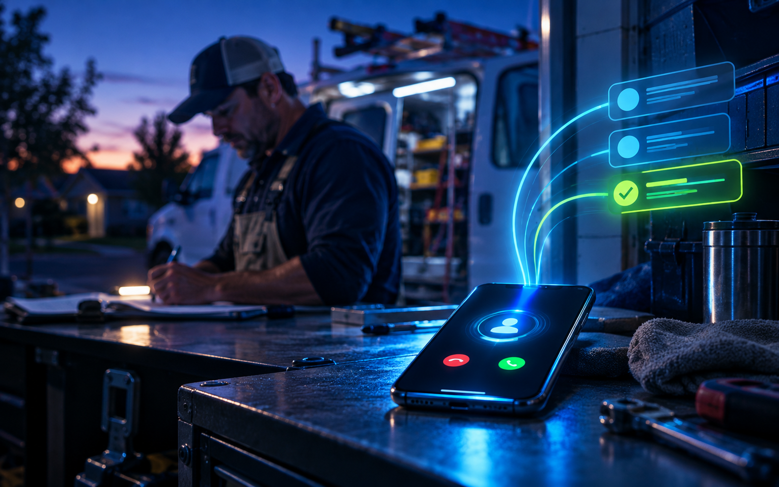 Conceptual scene of an incoming customer call being handled while a service professional works
