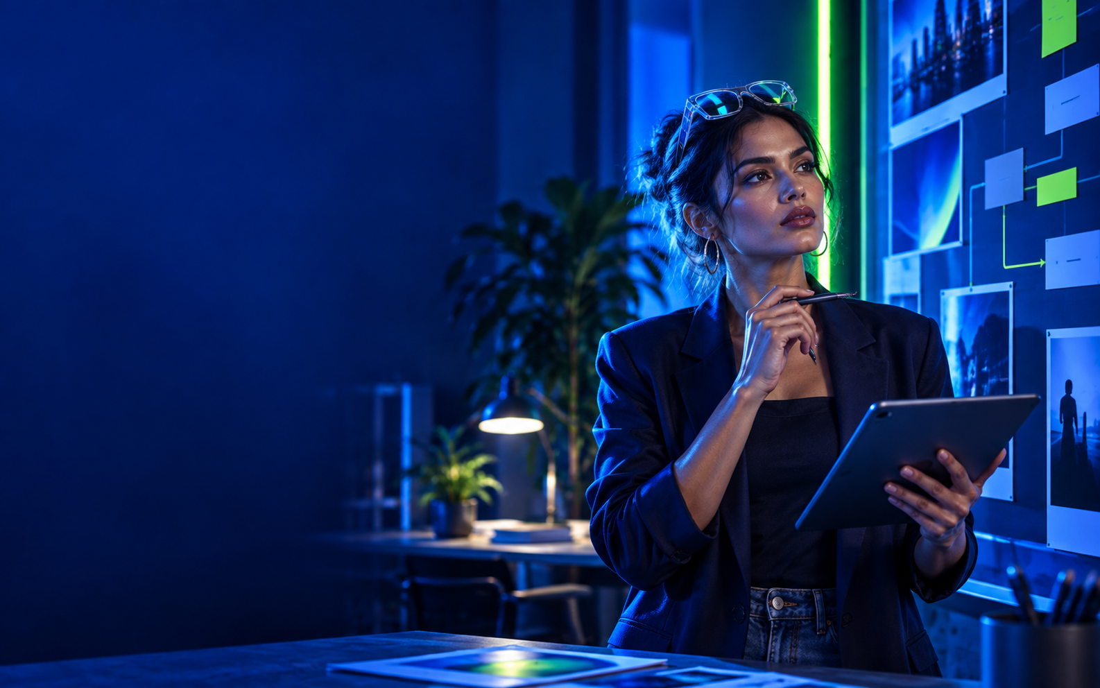 Creative partner reviewing a campaign and customer follow-up plan in a blue-lit studio