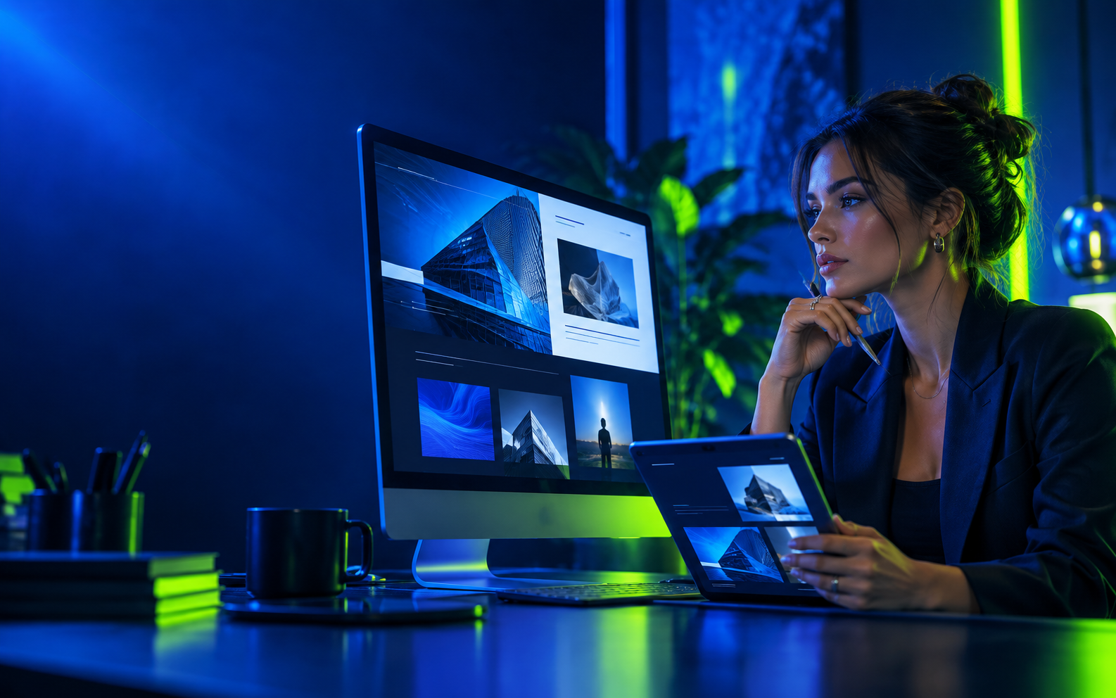 Creative director reviewing responsive website designs across desktop and tablet screens